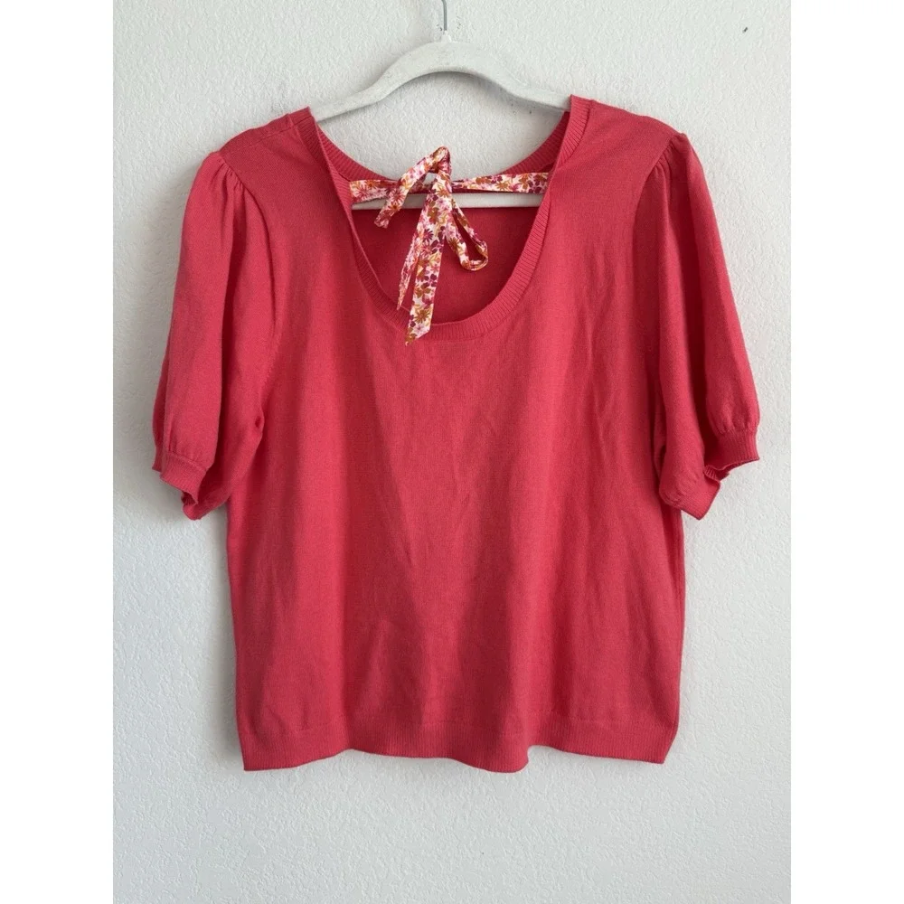J.Crew Women's Size Large Orange‎ Pink Back Floral Bow Tie Short Puff Sleeve Top